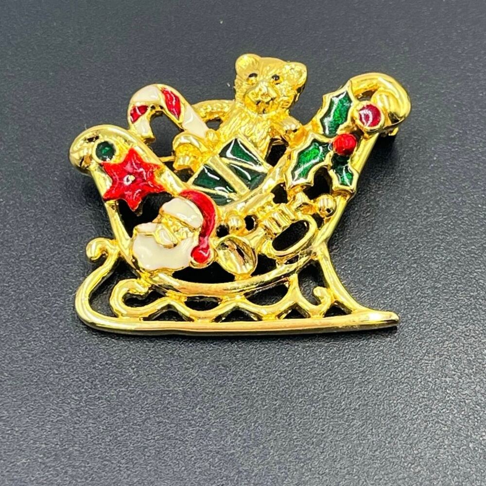 Vintage Enamel Santa Sleigh Teddy Bear Christmas Candy Cane Brooch Pin Jewelry